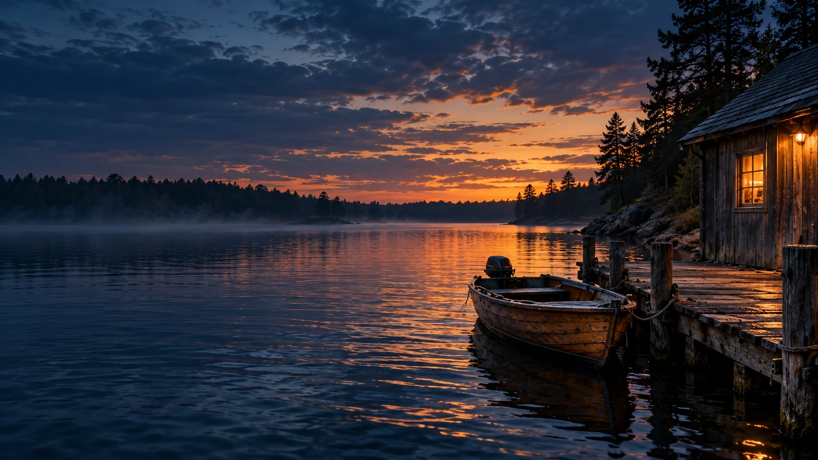 A wooden boat and a lamplit boathouse beside a quiet river at dusk