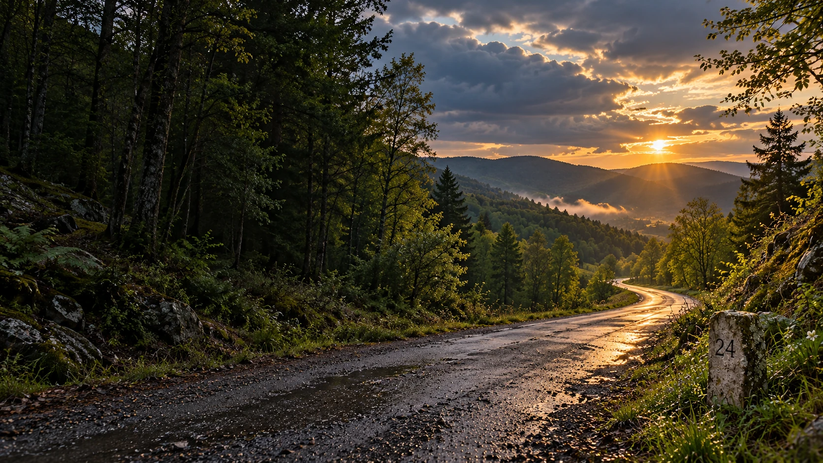 A forest road winds toward distant hills beside a stone marker numbered 24