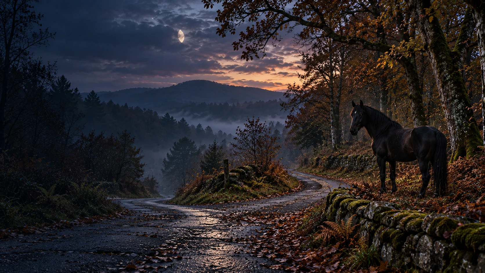 A lone black horse watches a woodland crossroads at twilight