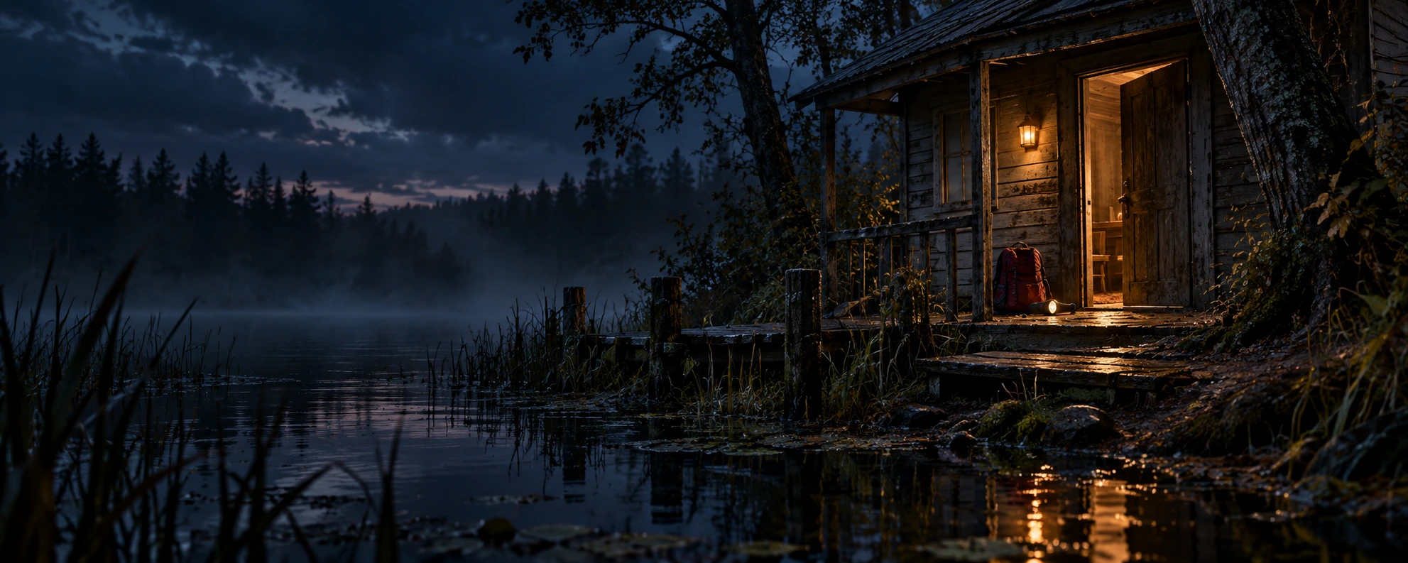 A lit cabin door beside a dark, mist-covered lake