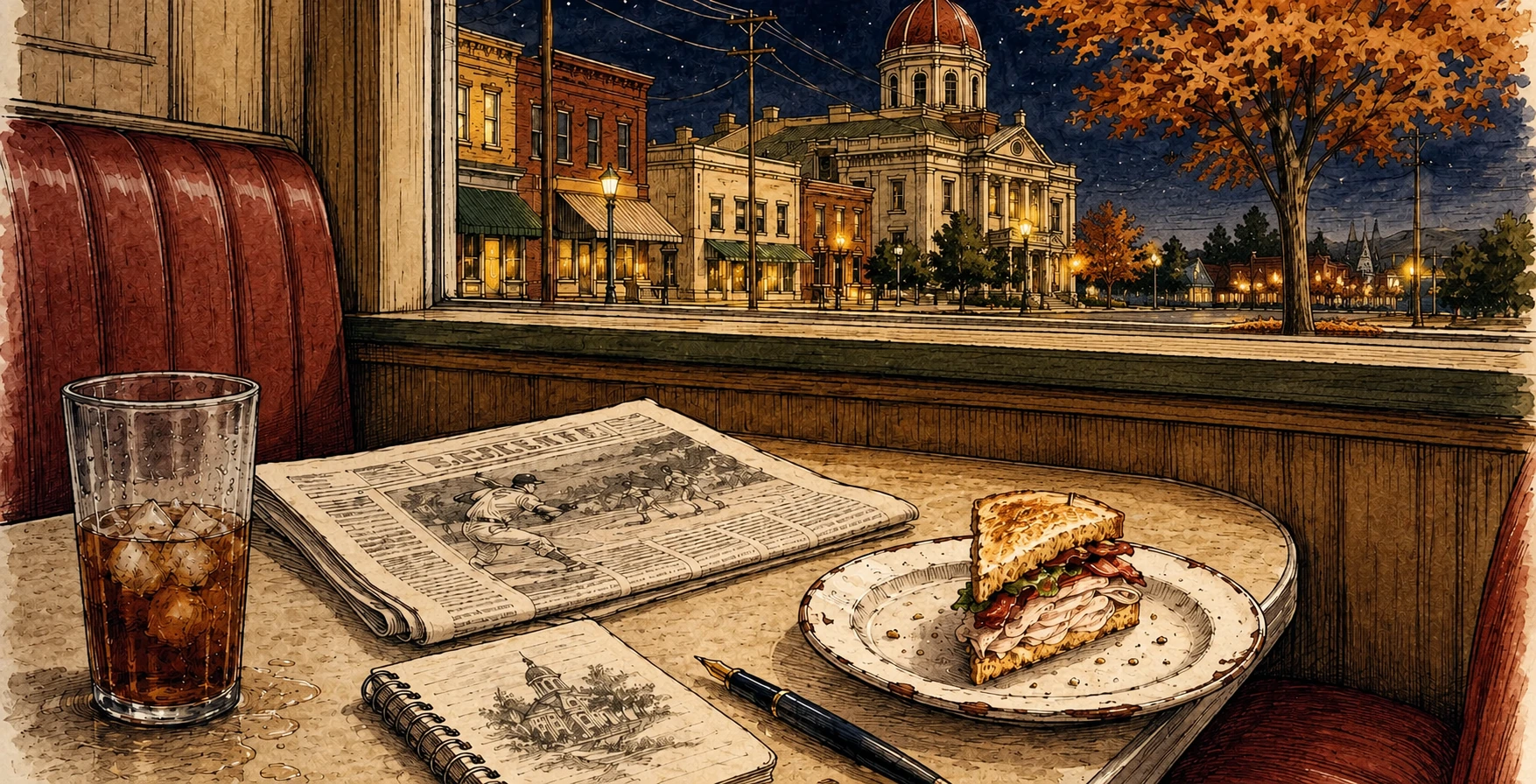 A diner table overlooking Harmon town square at dusk